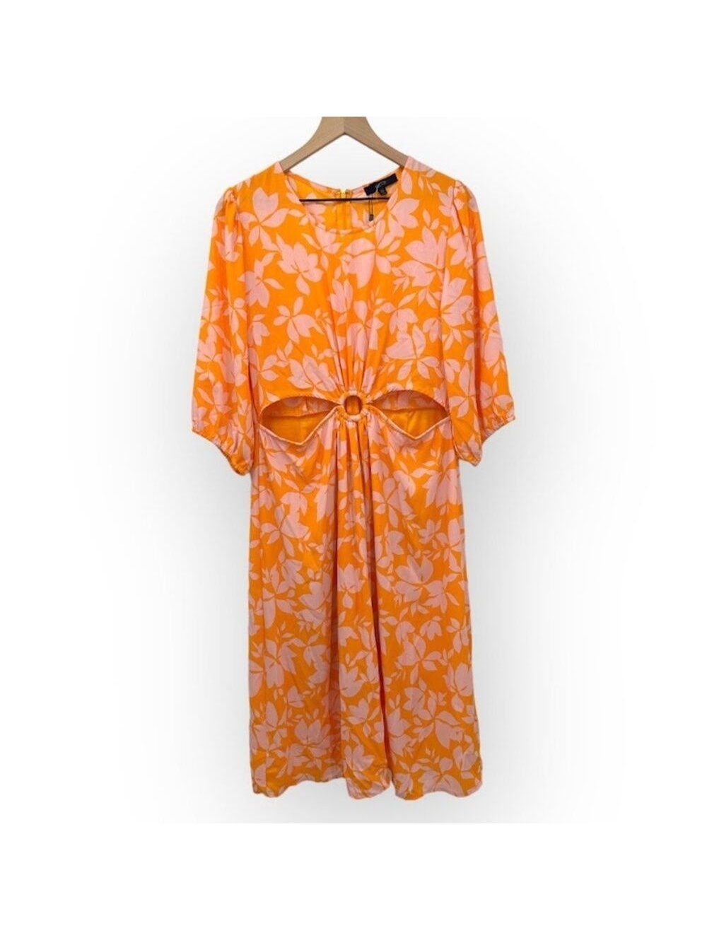Eclair Floral Cutout Maxi Dress 3/4 Sleeves O Ring Summer Orange Size XL